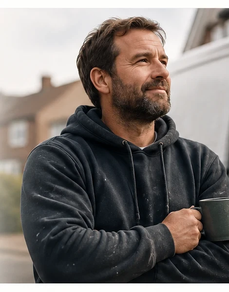 Trades business owner pausing after a working day